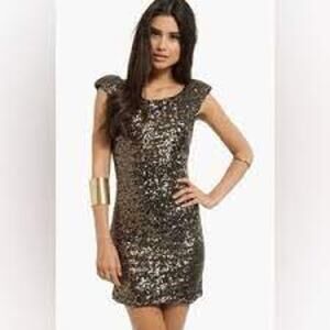 MINKPINK Fireworks Sequin Shoulder Pad Bronze Cocktail Mini Dress